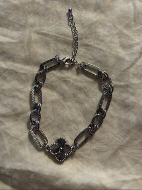 Silver Floral Link Bracelet with Adjustable Chain